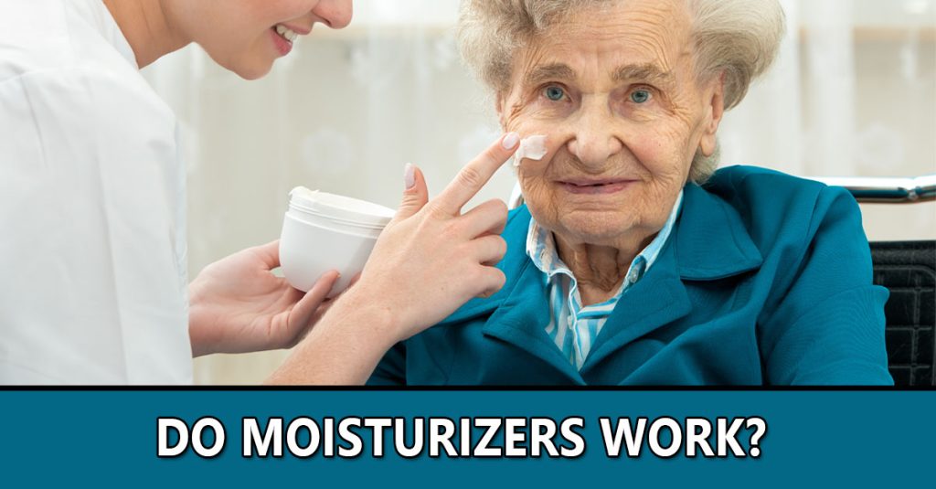 Do moisturizers works? An aide applying moisturizer to a senior lady's skin.