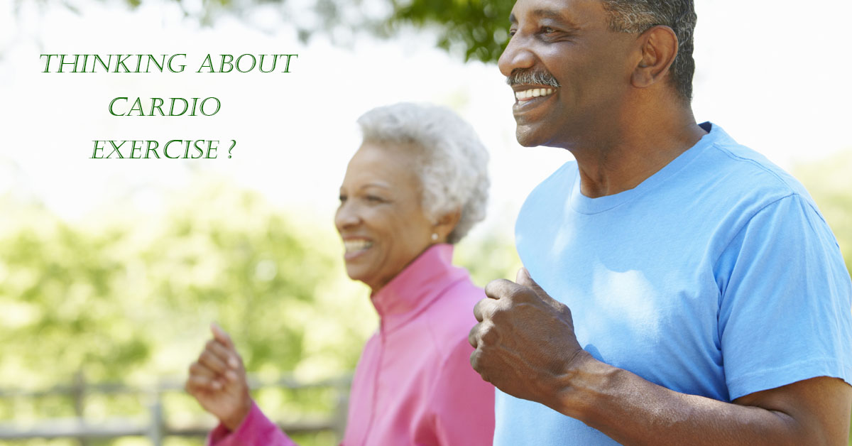 Think Again About Cardio Exercise. Picture of an older black female and male power walking.