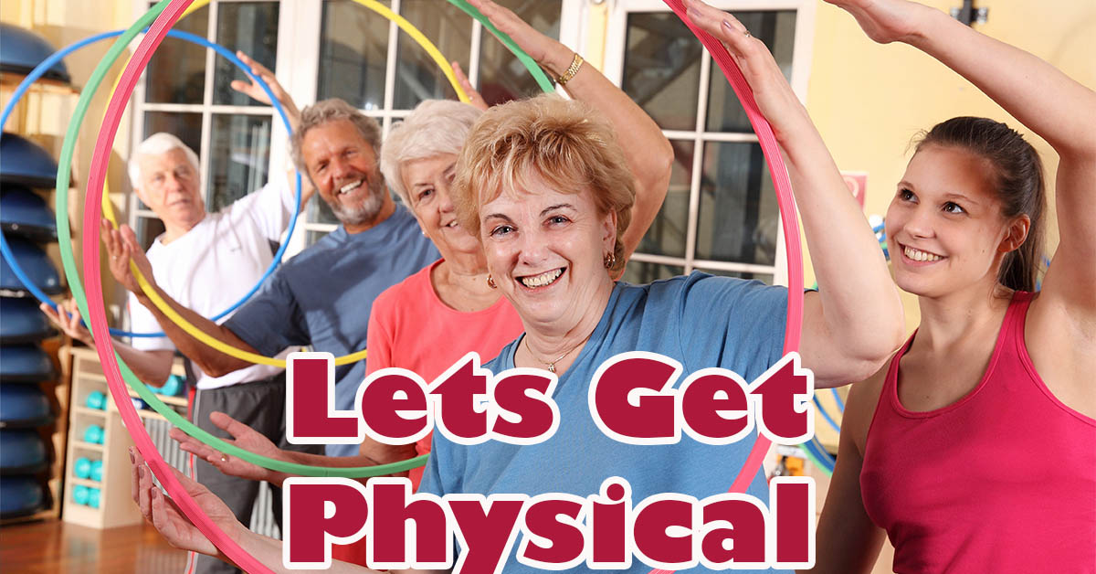 Lets Get Physical. Picture of a group of older males and females exercising with hula hoops.