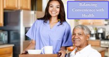 Nourishing Seniors: Balancing Convenience with Health through Home Care Services. Picture of a young hispanic nursing aide assisting an older black male with meals at his home.